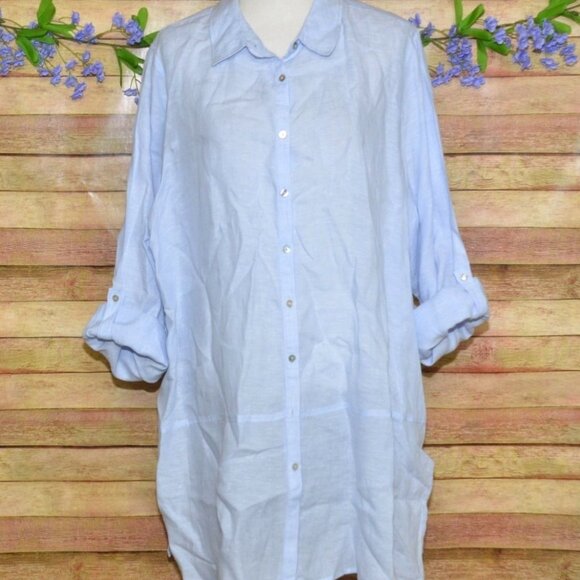Tahari Womens Blue 100% Linen Button Up Tunic Blouse Size 2X Casual Lagenlook - Picture 1 of 13